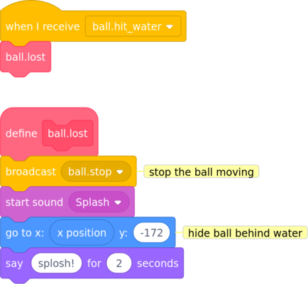 code to tell the player the game is lost (ball)