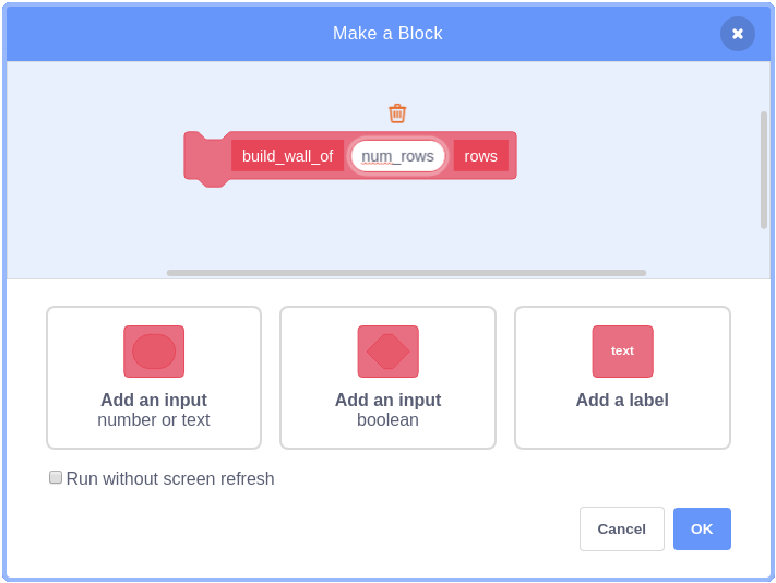 Create block build_wall_of (num_rows) rows